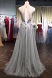 A Line Grey Tulle Beads 3D Flowers Round Neck Long Prom Dresses with Belt STI15000