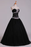 2024 Prom Dresses Ball Gown Black Sweetheart Tulle With Rhinestone Floor PYYD4HKE