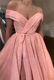 A Line Pink Sequins Off the Shoulder Prom Dresses with Split, V Neck Dance Dresses STI15013