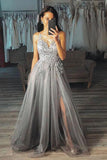 Chic Grey A Line V Neck Long Appliques Tulle Prom Dresses with Side Slit, Formal Dresses STI15131