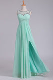 2024 Mint Scoop A Line Prom Dresses Chiffon With Beads & Ruffles Floor P8ELAPYL