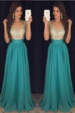 Sexy Crew Neck Chiffon Long Tulle Beaded Stones Top Floor Length Prom