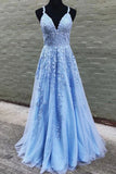 A Line V Neck Long Blue Lace Appliques Prom Dresses, Formal Bridesmaid Dresses STI15042