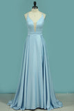 2024 A Line Spaghetti Straps Prom Dresses Satin With Slit PLZNDPG1