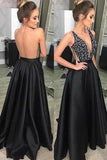 2024 Prom Dress V Neck Satin With Beads And Sequins P9CF6DSC