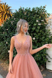 Elegant A Line Tulle Pink V Neck Beads Prom Dresses, Long Evening STI20477