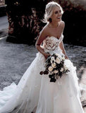 Charming Ball Gown Sweetheart Strapless 3D Flowers Tulle Off White Wedding Dresses STI15095