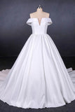 Puffy Off The Shoulder Satin Wedding Dress Ball Gown Long Bridal Dress With PTYFTEHC