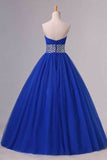 2024 Prom Dress Strapless Dark Royal Blue A Line/Princess Pick Up Tulle Skirt Beaded P21LA3TZ