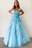 Unique A-Line Sky Blue Tulle Appliques Beads Scoop Prom Dresses with Lace STI20453