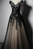 Charming Appliques Lace-up Sweetheart Short Sleeve Black Tulle Evening Dresses