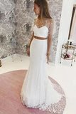 Elegant Two Pieces Lace Mermaid Short Sleeves Tulle Wedding Dresses STI15581