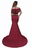 Elegant Mermaid Off the Shoulder Two Pieces Beades Burgundy Prom STI20416