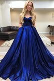 A Line Royal Blue Satin Sweetheart Strapless Prom Dresses with Pockets, Evening Dress STI15553