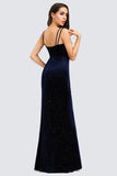 V-Neck Spaghetti Straps Velvet Dark Navy Blue Mermaid Evening Dress, Prom Dresses STI15480