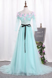 2024 New Arrival A Line Boat Neck Tulle Prom Dresses With Handmade Flowers P7HC1ECB