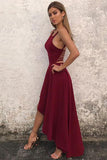 Unique A Line Burgundy High Low Sleeveless Backless Prom Dresses, Cheap Evening Dresses STI15450