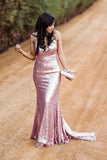 Sparkly Spaghetti Straps Rose Gold V Neck Prom Dresses with Sequins, Dance Dresses STI15537