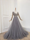 A Line Long Sleeves V Neck Gray Tulle Prom Dresses with Beading, Evening Dress STI15549