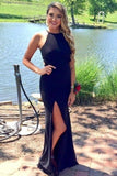 Sheath Long Black Front Split Simple Cheap Prom Dresses PHCC4YKF