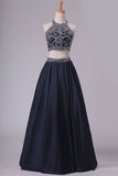 2024 Two-Piece Halter Beaded Bodice A Line Prom Dresses Taffeta PLP96E87