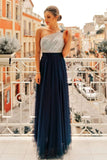 Flowy One Shoulder Navy Blue Tulle Long Prom Dresses, Cheap Formal Dresses STI15232