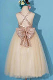 Princess Gold Sequin Shiny Round Neck Flower Girl Dresses with Bowknot, Baby Dresses STI15589