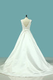 2024 Wedding Dresses Deep V Back Scoop Satin With Applique PAELZRH6