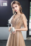 A Line V Neck Short Sleeves Long Tulle Prom Dress Evening Dresses With STIP7MZF43L