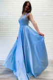 Flowy A-line V Neck Lace Long Prom Dresses Blue Satin Open Back Evening Party Dresses STI15229