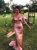 Unique Spaghetti Straps Pink Mermaid Prom Dresses Off the Shoulder Evening Formal Dresses STI15468