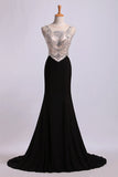 2024 Bateau Prom Dresses Sheath/Column Spandex With Beads Sweep PFC8QHMH