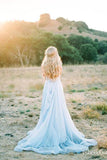 Thigh Split Sky Blue Rustic Beach Wedding Gown With Court Train Evening PDBYT67A