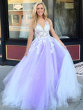 Charming Ball Gown V Neck Tulle Lace Appliques Prom Dresses, Evening STI20397