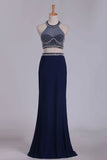 2024 Prom Dresses Open Back Halter Two-Piece Sheath Spandex & Tulle With P153JFTT