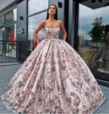 Princess Ball Gown Spaghetti Straps Beads Floral Print Prom Dresses Long Quinceanera Dress STI15294