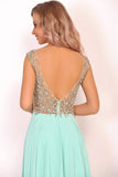 2024 Open Back V Neck Beaded Bodice Prom Dresses A Line Chiffon PAEP4SZ1