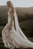 Princess Mermaid V Neck Lace Appliques Ivory Wedding Dresses, Straps V Back Wedding Gowns STI15300