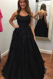 A Line Round Neck Black Lace Prom Dresses with Beading, Beads Criss Cross Party Dresses STI15017