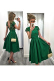 2024 Prom Dresses A Line Scoop Elastic Satin With Applique Tea-Length PACG9YBR