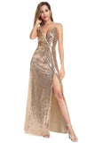 A Line Spaghetti Straps Sequins V Neck Backless Prom Dresses with Side Slit Formal Dress STI15030