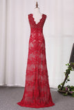 2024 Prom Dresses V Neck Lace With Beading And Slit PCEXYX1C