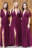 Simple Deep V Neck Short Sleeve Side Slit Long Bridesmaid Dresses P7CFLQ9E