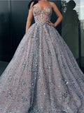 Princess Strapless Sweetheart Beads Ball Gown Rhinestone Prom Dress with Long Sparkly STI15308