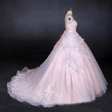 Ball Gown Strapless Sweetheart Wedding Dresses with Lace Applique, Tulle Prom Dresses STI15070