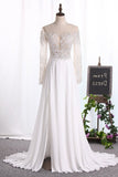 2024 Bateau Wedding Dresses Long Sleeves A Line Chiffon With Applique PC6XX18F