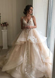 Spaghetti Straps V Neck Wedding Dresses with Layer, Sleeveless Wedding Gowns STI15424