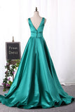 2024 V Neck Evening Dresses A Line Satin Sweep Train P2Y81L9Q