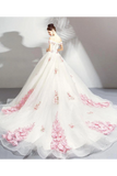 Unique Off The Shoulder Tulle Wedding Dress With Pink Flowers Ball Gown Wedding STIPQ4NB2CL