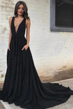 Simple Deep V Neck Black Backless Prom Dresses with Pockets, Long Formal Dresses STI15390